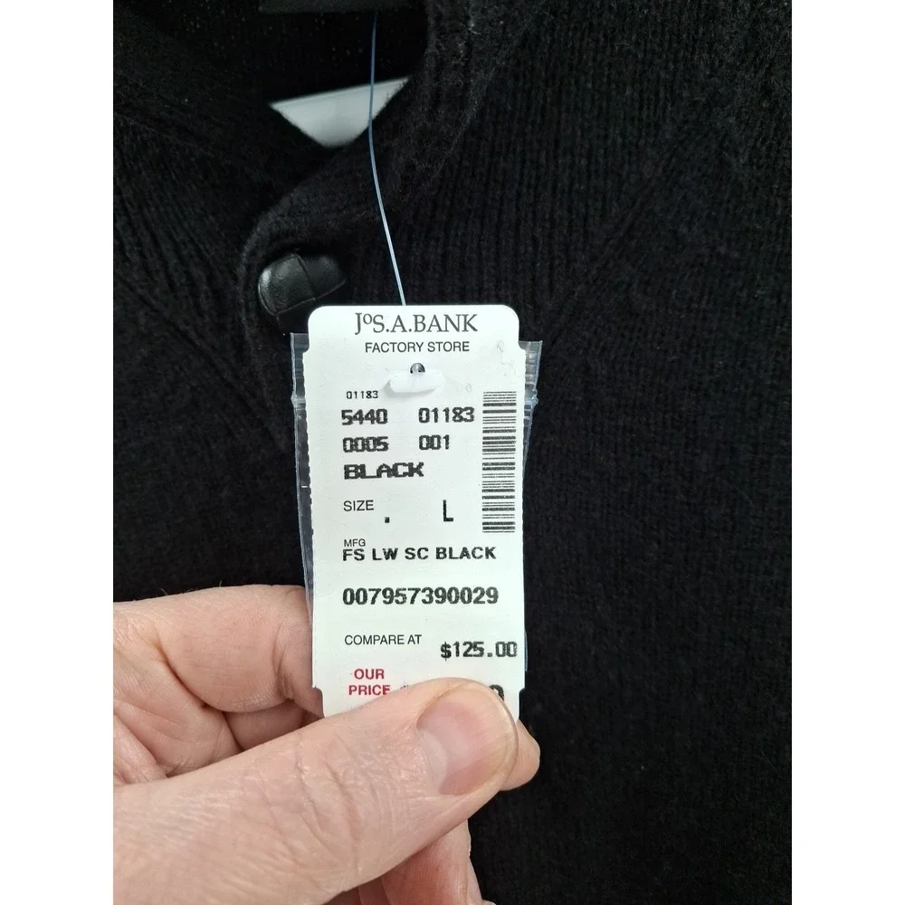 Jos A Bank Mens Large Black Lambs Wool Blend High V Neck‎ Sweater NWT